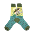 A pair of crew socks with a teal background. The socks feature a graphic of a large fish jumping out of the water with the text 'Size Matters!' Small fish are also printed on the socks.