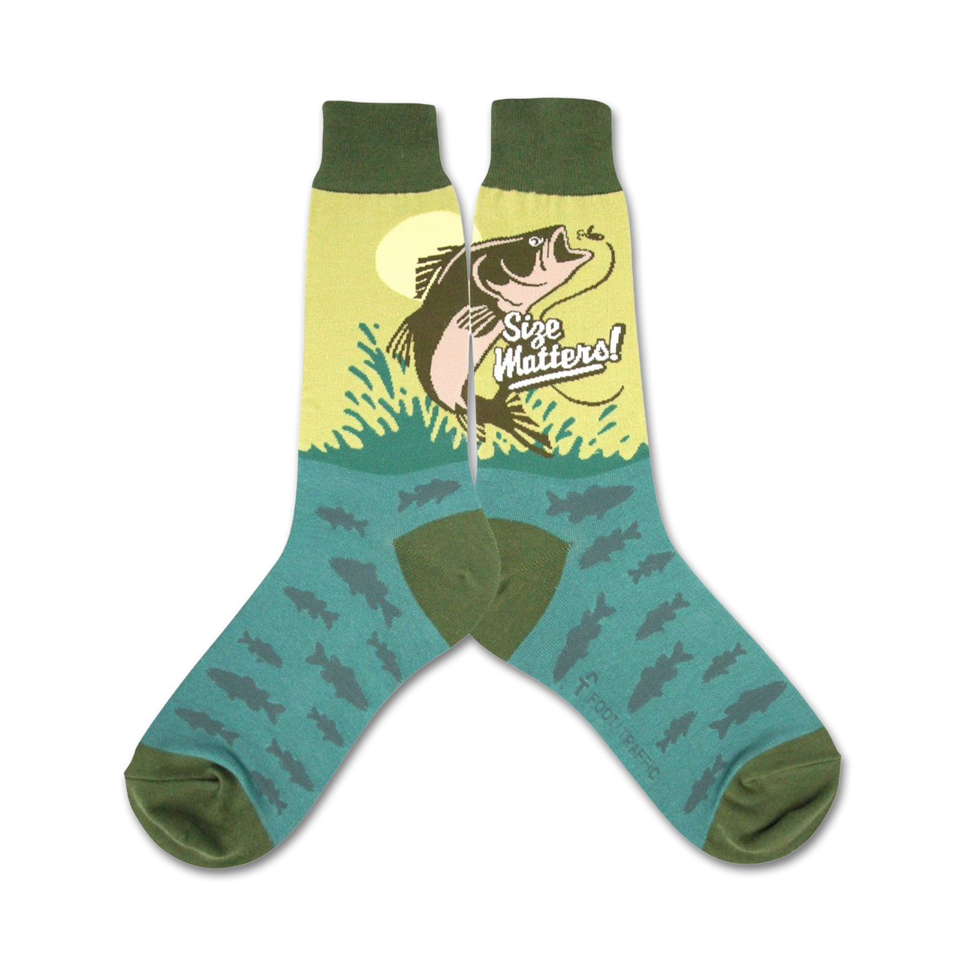 A pair of crew socks with a teal background. The socks feature a graphic of a large fish jumping out of the water with the text 'Size Matters!' Small fish are also printed on the socks.