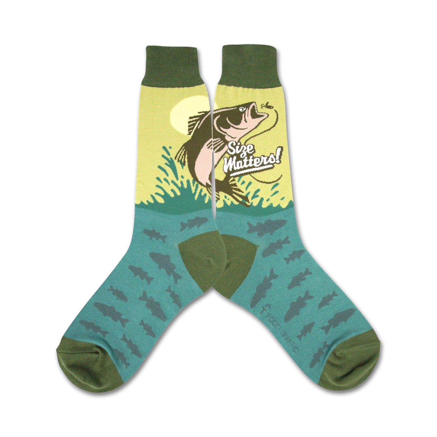 A pair of crew socks with a teal background. The socks feature a graphic of a large fish jumping out of the water with the text 'Size Matters!' Small fish are also printed on the socks.