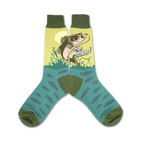 green and blue crew socks with green cuff, toe and heel. on the sock is an illustration of a fish with the text size matters 