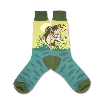 green and blue crew socks with green cuff, toe and heel. on the sock is an illustration of a fish with the text size matters 