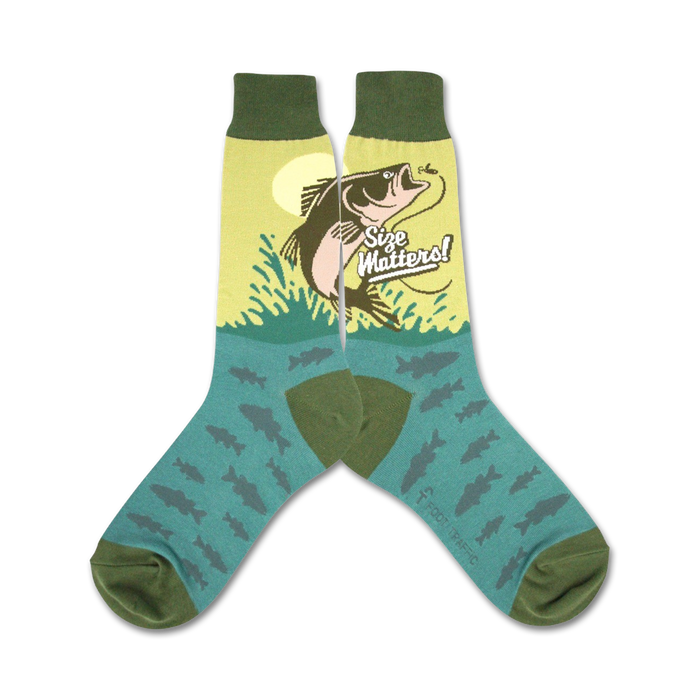 green and blue crew socks with green cuff, toe and heel. on the sock is an illustration of a fish with the text size matters  }}