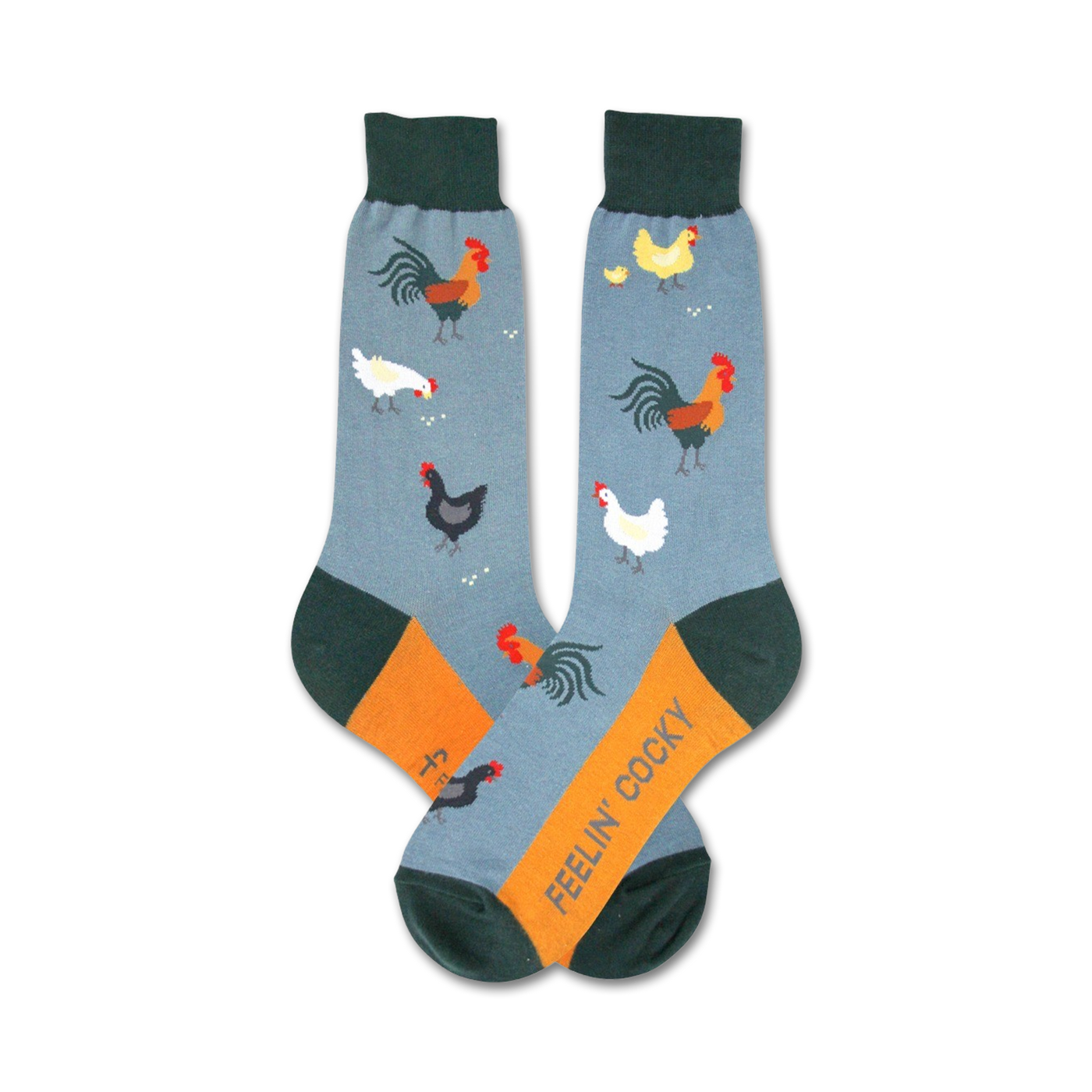 A pair of crew socks in blue, orange, and green. The socks are decorated with a pattern of roosters, hens, and chicks.