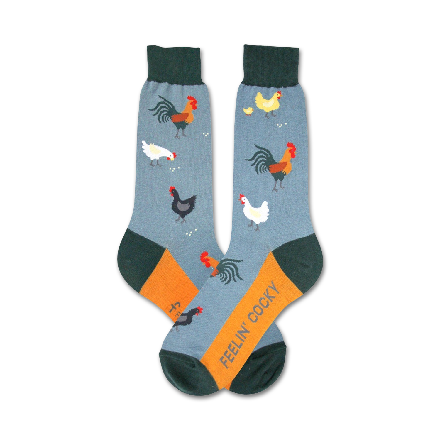 A pair of crew socks in blue, orange, and green. The socks are decorated with a pattern of roosters, hens, and chicks.