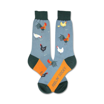 rooster chicken themed mens blue novelty crew socks