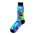 Crew socks in blue, green, and black featuring musical instruments like a saxophone, trumpet, guitar, and violin, along with musical notes and snowflakes.