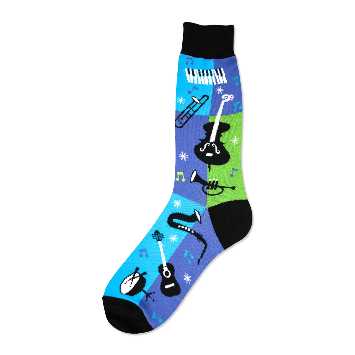 Crew socks in blue, green, and black featuring musical instruments like a saxophone, trumpet, guitar, and violin, along with musical notes and snowflakes.