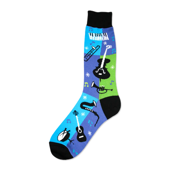 Crew socks in blue, green, and black featuring musical instruments like a saxophone, trumpet, guitar, and violin, along with musical notes and snowflakes.