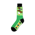 Crew socks in green and black.  One side features the text 'Eat Sleep Play Golf (Repeat)' and a golf ball graphic, the other side has a black and orange argyle pattern.