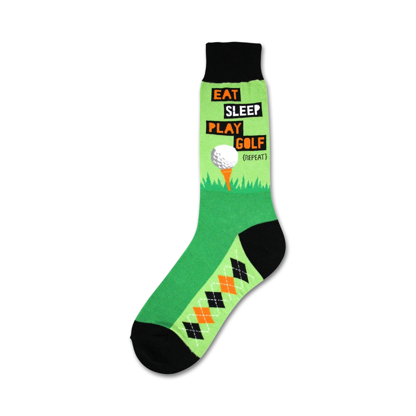 Crew socks in green and black.  One side features the text 'Eat Sleep Play Golf (Repeat)' and a golf ball graphic, the other side has a black and orange argyle pattern.