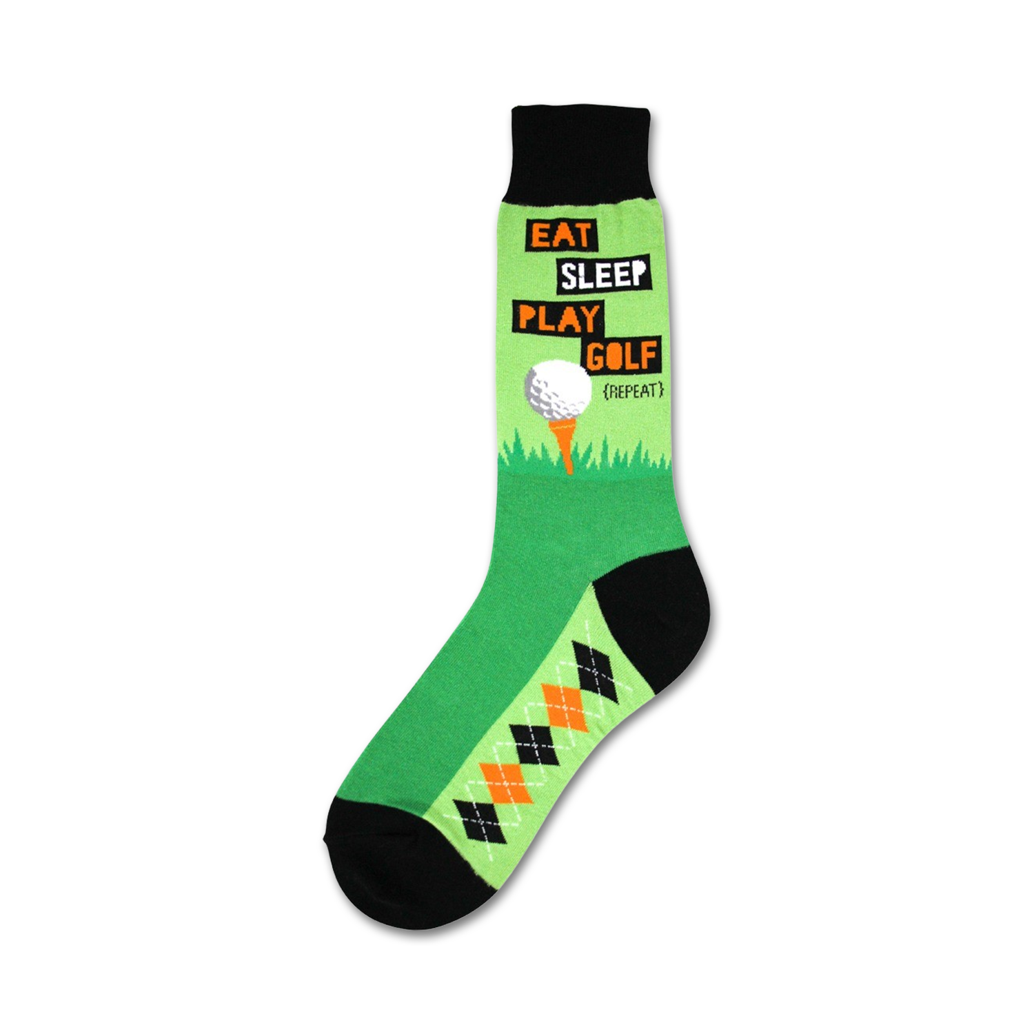 Crew socks in green and black.  One side features the text 'Eat Sleep Play Golf (Repeat)' and a golf ball graphic, the other side has a black and orange argyle pattern.