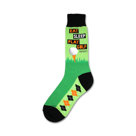 green and black crew socks with "eat, sleep, play golf...repeat" message. perfect for any golfer.  
