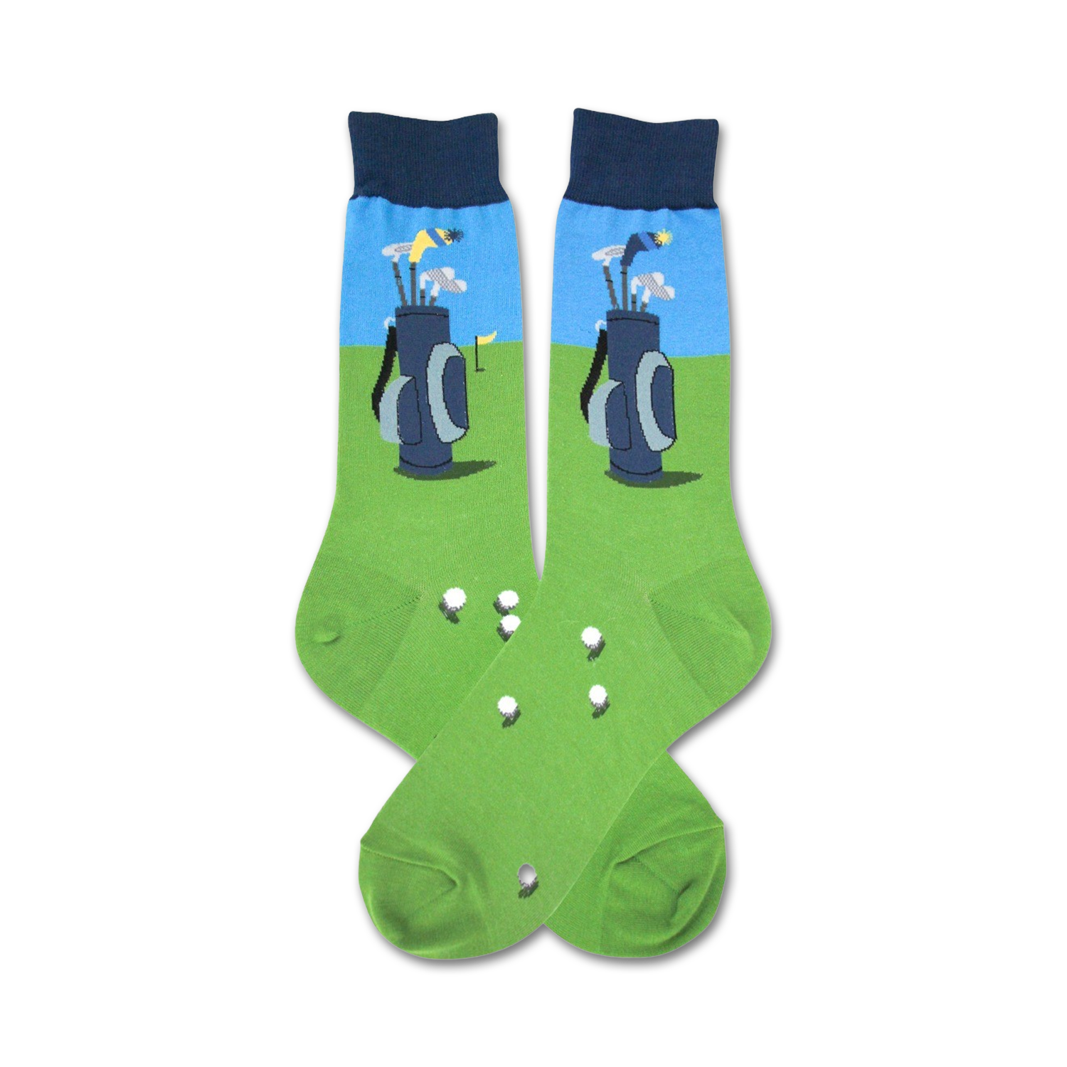 Pair of crew socks with a golf-themed design. The socks are green with a blue section showing golf clubs in a bag, and white golf balls are scattered on the green.