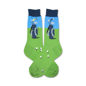 mens crew-length dark blue and green golf socks with white golf ball and dark blue golf bag pattern.  