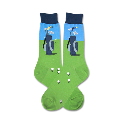 mens crew-length dark blue and green golf socks with white golf ball and dark blue golf bag pattern.  