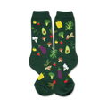 A pair of dark green crew socks with a whimsical pattern of colorful vegetables like avocado, eggplant, broccoli, and tomatoes.