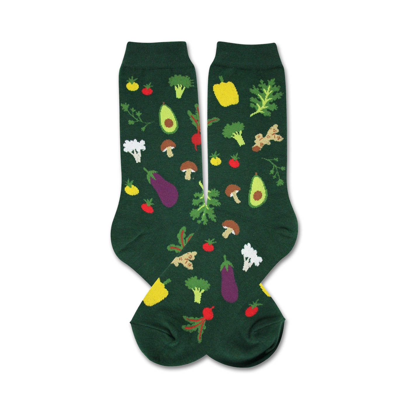A pair of dark green crew socks with a whimsical pattern of colorful vegetables like avocado, eggplant, broccoli, and tomatoes.