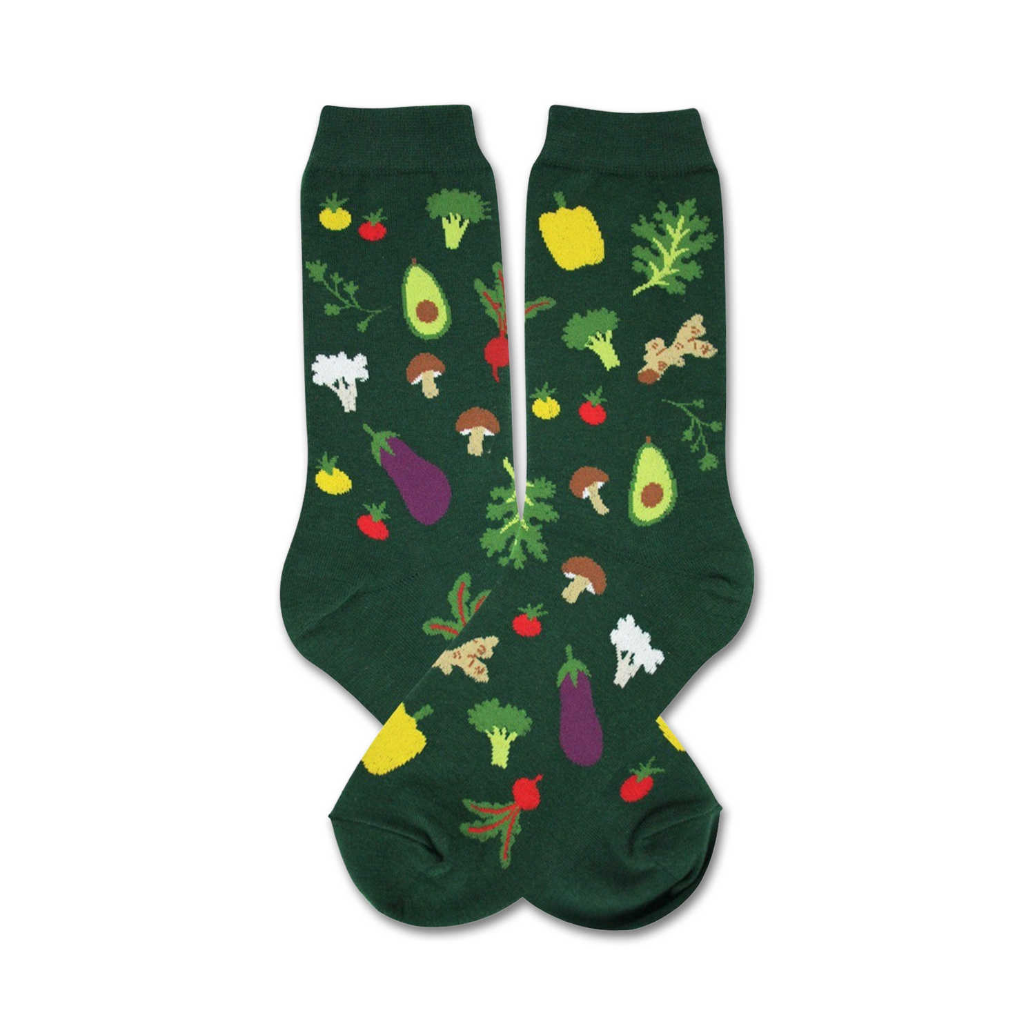 A pair of dark green crew socks with a whimsical pattern of colorful vegetables like avocado, eggplant, broccoli, and tomatoes.