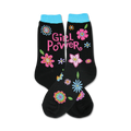 Pair of black crew socks with a teal cuff.  Features a 'Girl Power' message and colorful flower designs.