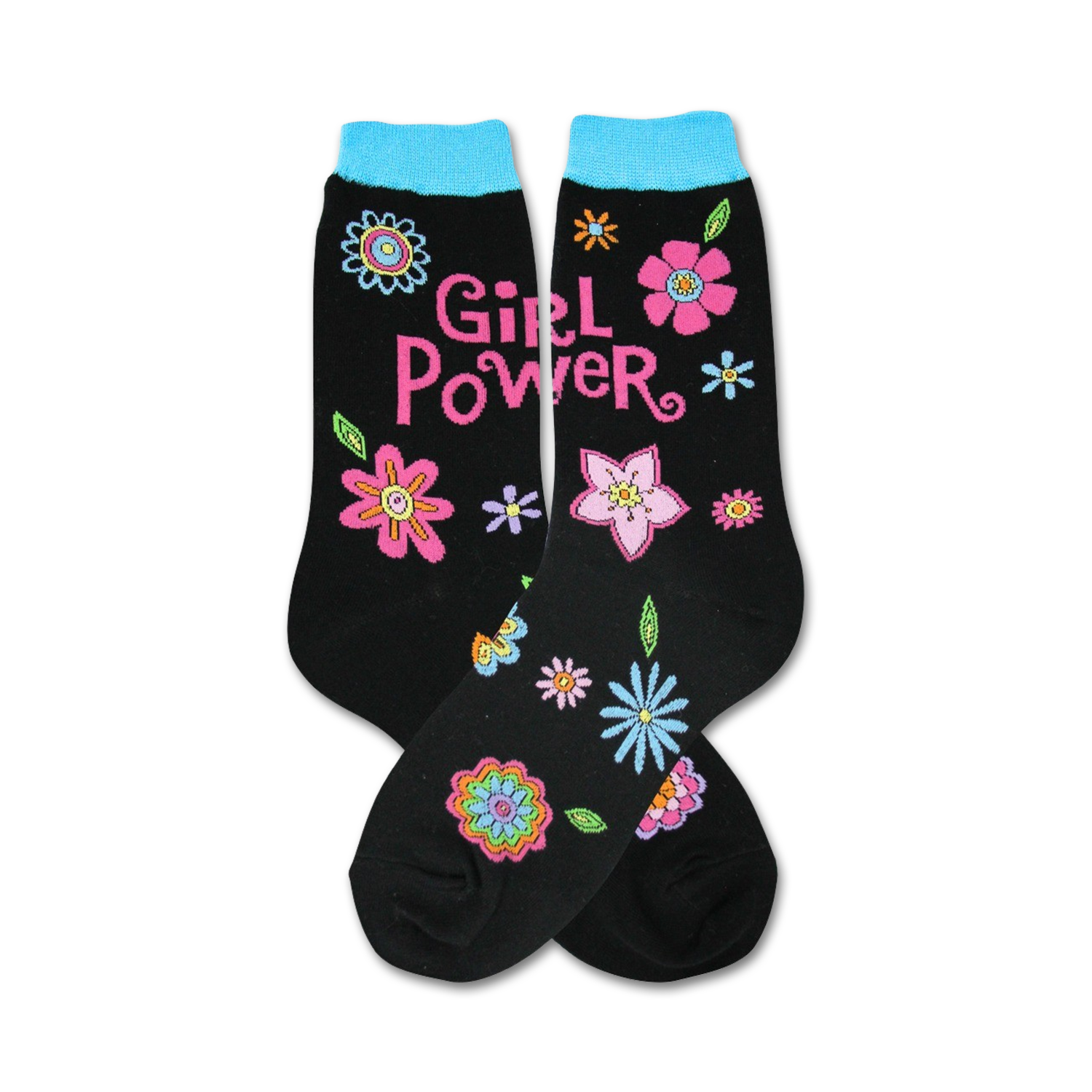 Pair of black crew socks with a teal cuff.  Features a 'Girl Power' message and colorful flower designs.
