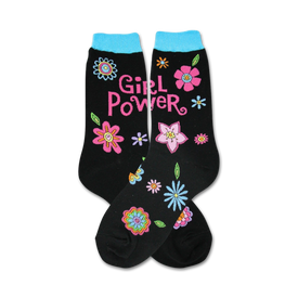 womens black 'girl power' floral crew socks in pink and blue.  