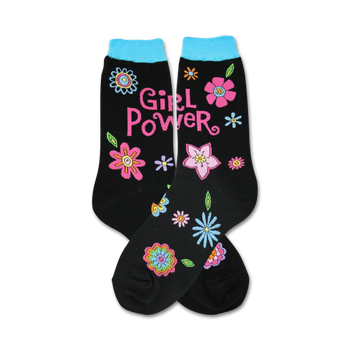 womens black 'girl power' floral crew socks in pink and blue.  