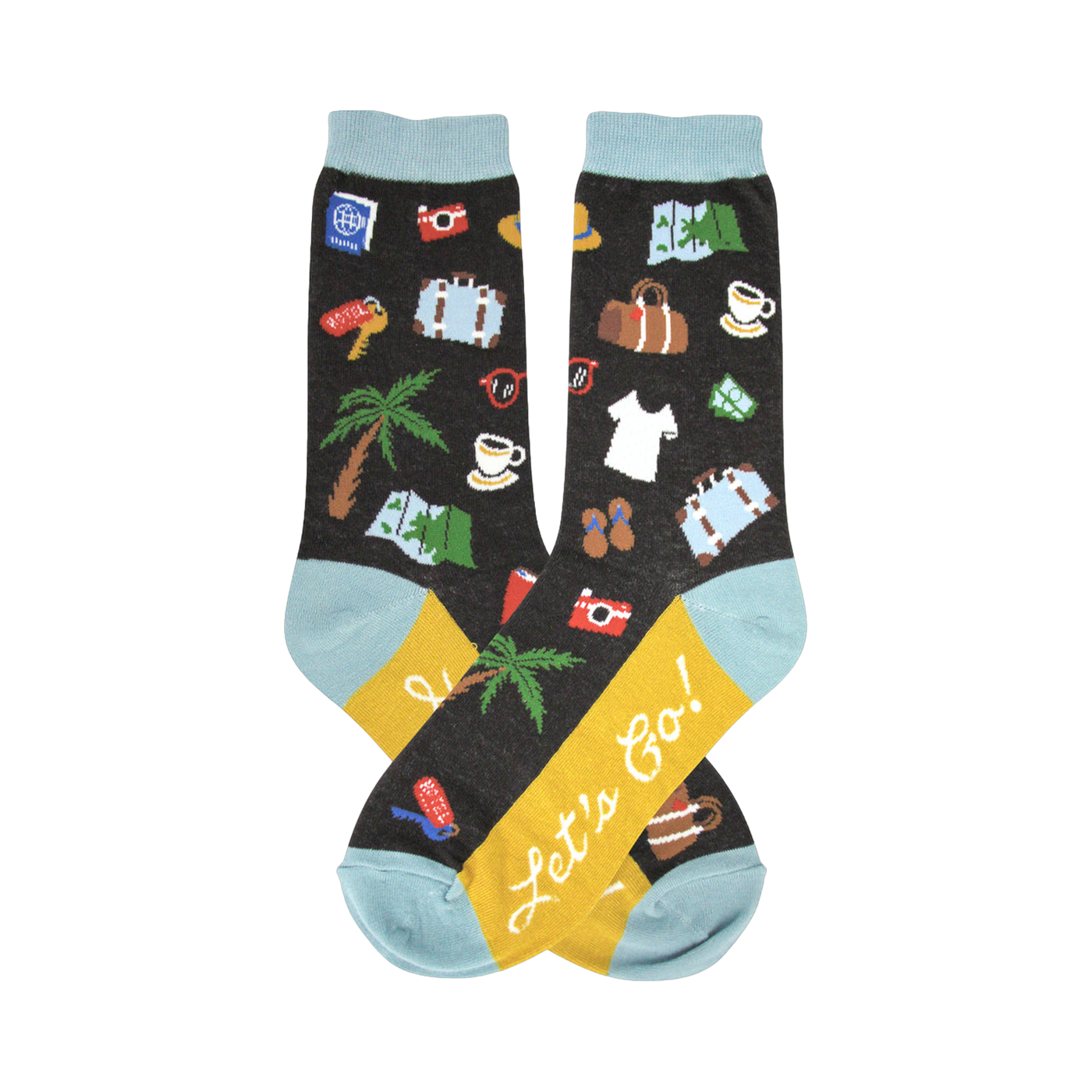 Crew socks with a dark background featuring colorful travel-themed illustrations like palm trees, suitcases, and cameras. Teal cuffs and yellow heel with 'Let's Go!' text.