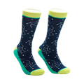 Pair of navy blue crew socks with a constellation and star pattern, accented with teal and yellow cuffs. 