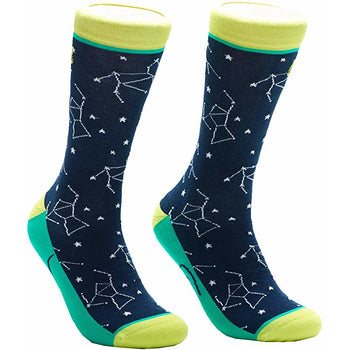 Pair of navy blue crew socks with a constellation and star pattern, accented with teal and yellow cuffs. 