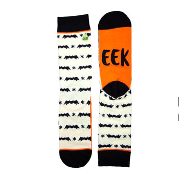 A pair of cream crew socks with black bat silhouettes and asterisks. One sock's heel features a bright orange 'EEK!' in black lettering.