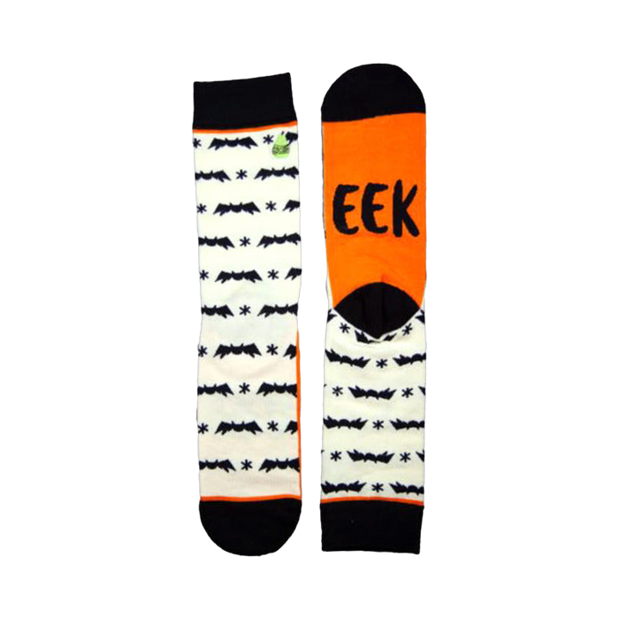 A pair of cream crew socks with black bat silhouettes and asterisks. One sock's heel features a bright orange 'EEK!' in black lettering. }}