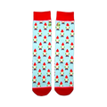 Pair of light blue crew socks with a repeating pattern of red-hatted garden gnomes. Red cuffs. Whimsical design.