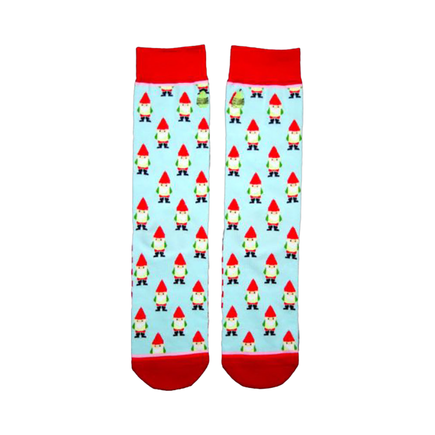 Pair of light blue crew socks with a repeating pattern of red-hatted garden gnomes. Red cuffs. Whimsical design.