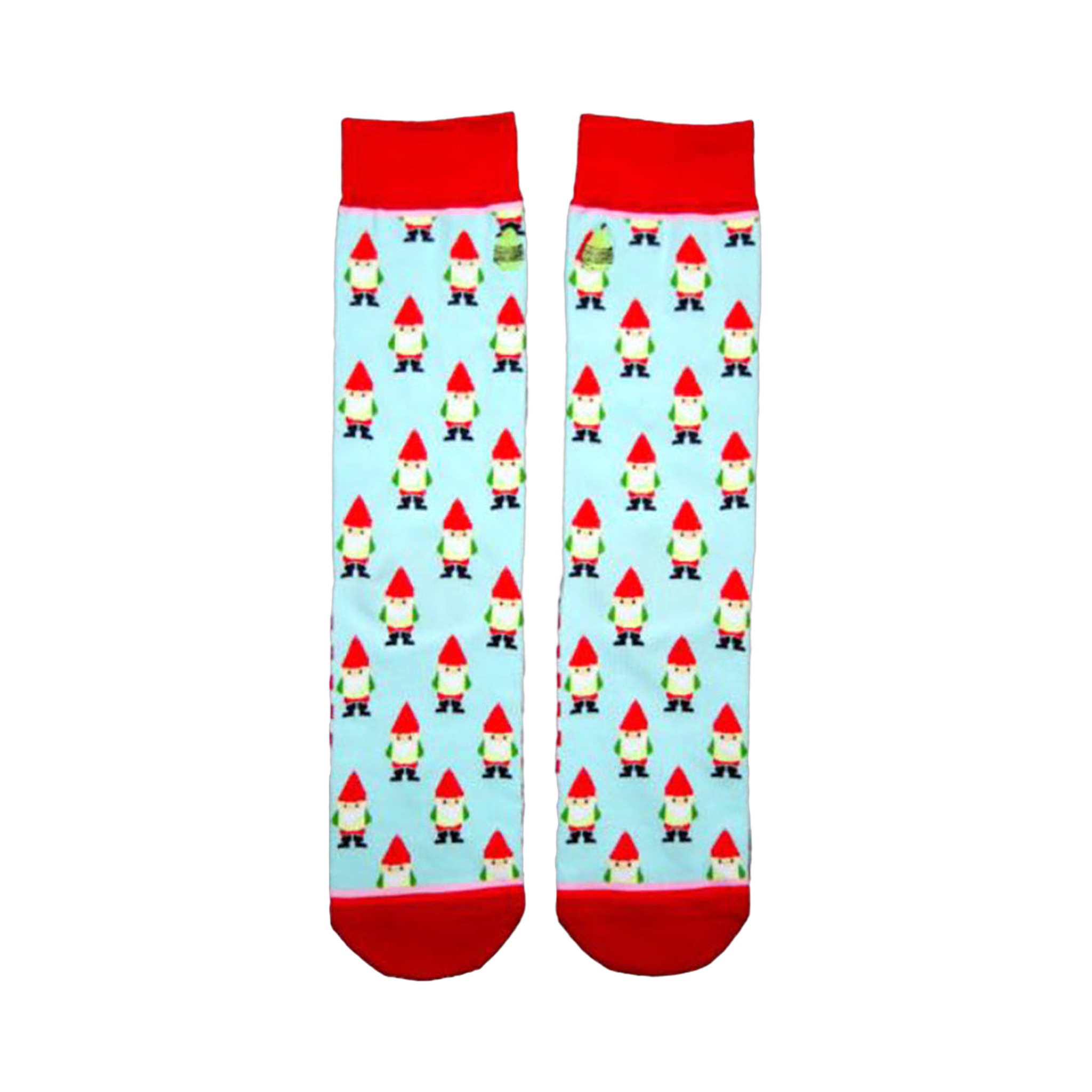 Pair of light blue crew socks with a repeating pattern of red-hatted garden gnomes. Red cuffs. Whimsical design.
