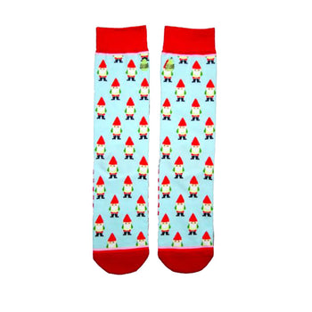 Pair of light blue crew socks with a repeating pattern of red-hatted garden gnomes. Red cuffs. Whimsical design.