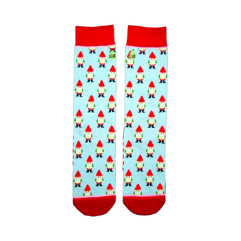 Pair of light blue crew socks with a repeating pattern of red-hatted garden gnomes. Red cuffs. Whimsical design.
