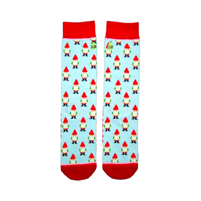 Pair of light blue crew socks with a repeating pattern of red-hatted garden gnomes. Red cuffs. Whimsical design.