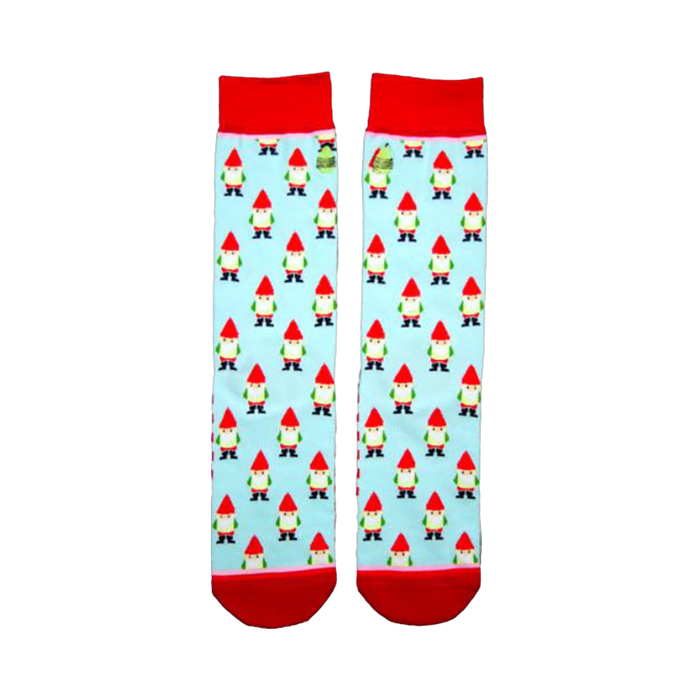Pair of light blue crew socks with a repeating pattern of red-hatted garden gnomes. Red cuffs. Whimsical design. }}
