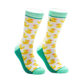 A pair of crew socks with a white background and a repeating pattern of yellow rubber duckies. Teal green accents at the top and bottom.