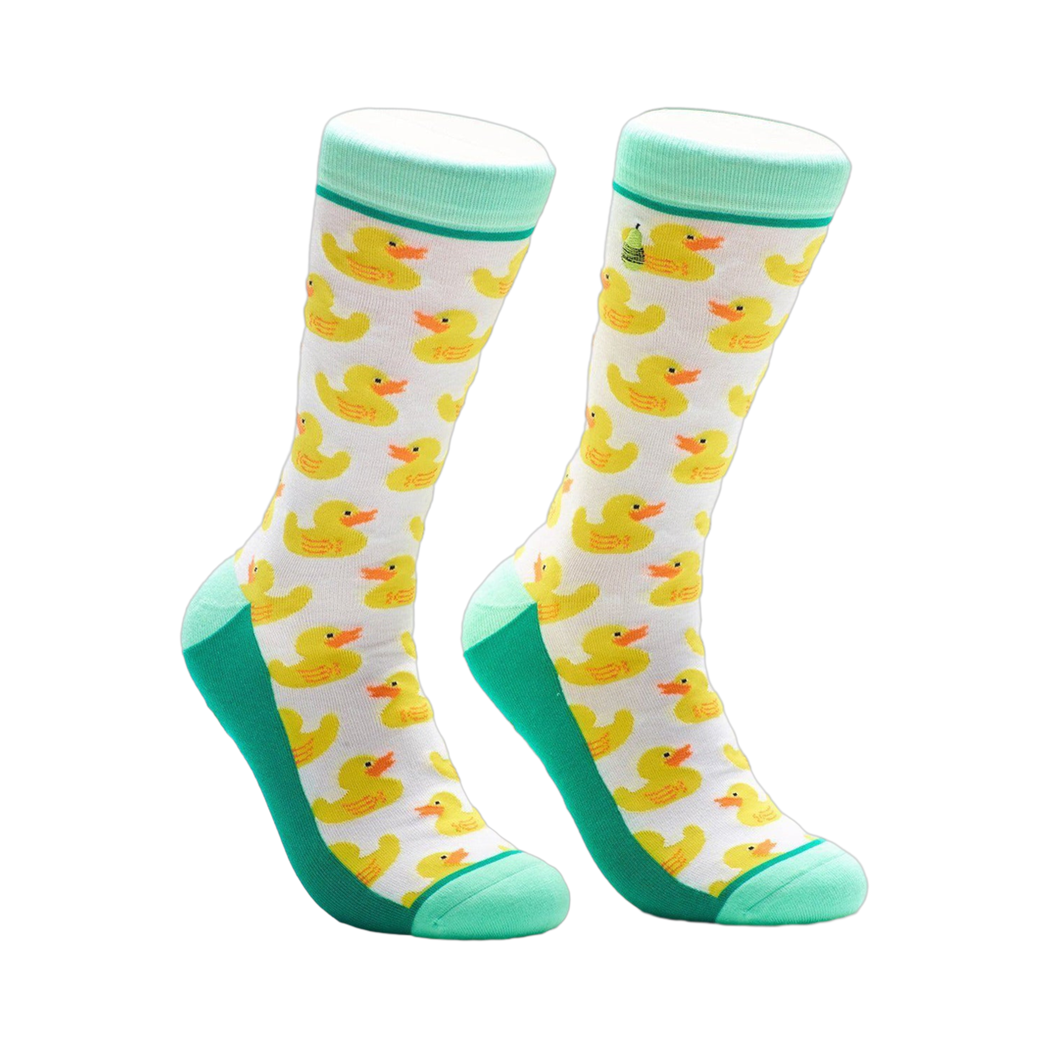 A pair of crew socks with a white background and a repeating pattern of yellow rubber duckies. Teal green accents at the top and bottom.