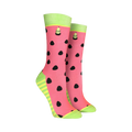 Pair of women's crew socks. Pink watermelon design with black seeds and lime green stripes at the bottom.