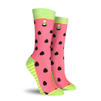 Pair of women's crew socks. Pink watermelon design with black seeds and lime green stripes at the bottom.