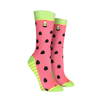 Pair of women's crew socks. Pink watermelon design with black seeds and lime green stripes at the bottom.