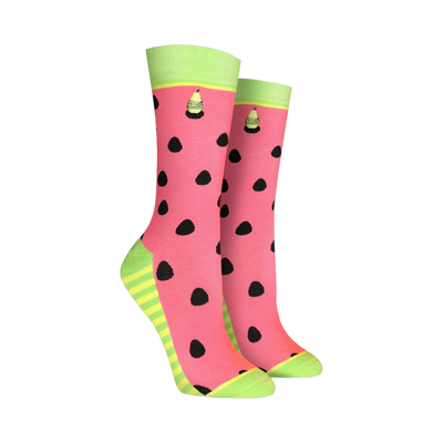 Pair of women's crew socks. Pink watermelon design with black seeds and lime green stripes at the bottom.