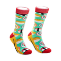 Pair of crew socks with a teal background and colorful sushi illustrations. Red, yellow, and black accents.