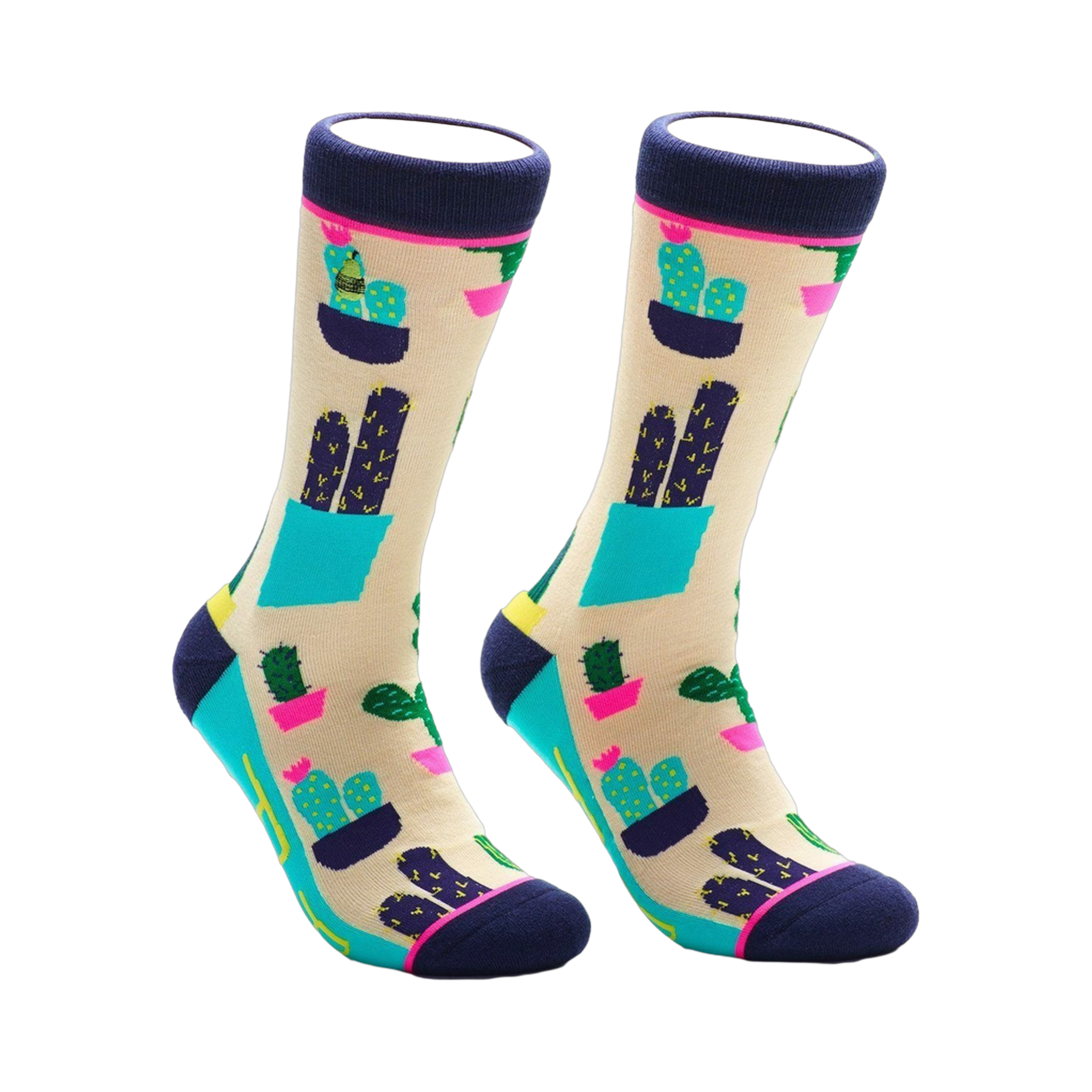 Pair of crew socks with a beige background and a colorful cactus design.  Features teal, navy, and pink accents.