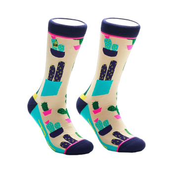 Pair of crew socks with a beige background and a colorful cactus design.  Features teal, navy, and pink accents.