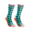Pair of teal crew socks with a navy hedgehog pattern, pink and orange accents, and a small yellow pear graphic.