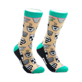 A pair of beige crew socks adorned with black and white illustrations of various coffee mugs and teacups. The socks have teal cuffs and black heels and toes.
