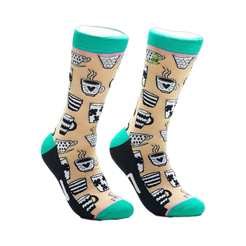 A pair of beige crew socks adorned with black and white illustrations of various coffee mugs and teacups. The socks have teal cuffs and black heels and toes.